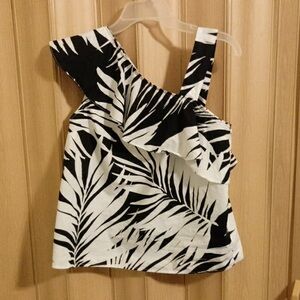 Black and White Leaf Print One-Shoulder Top